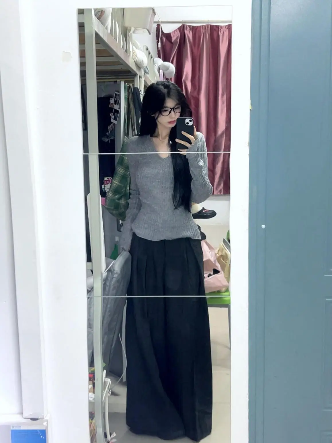 Gyaru серая вязаная женская рубашка с v-образным вырезом и длинными рукавами