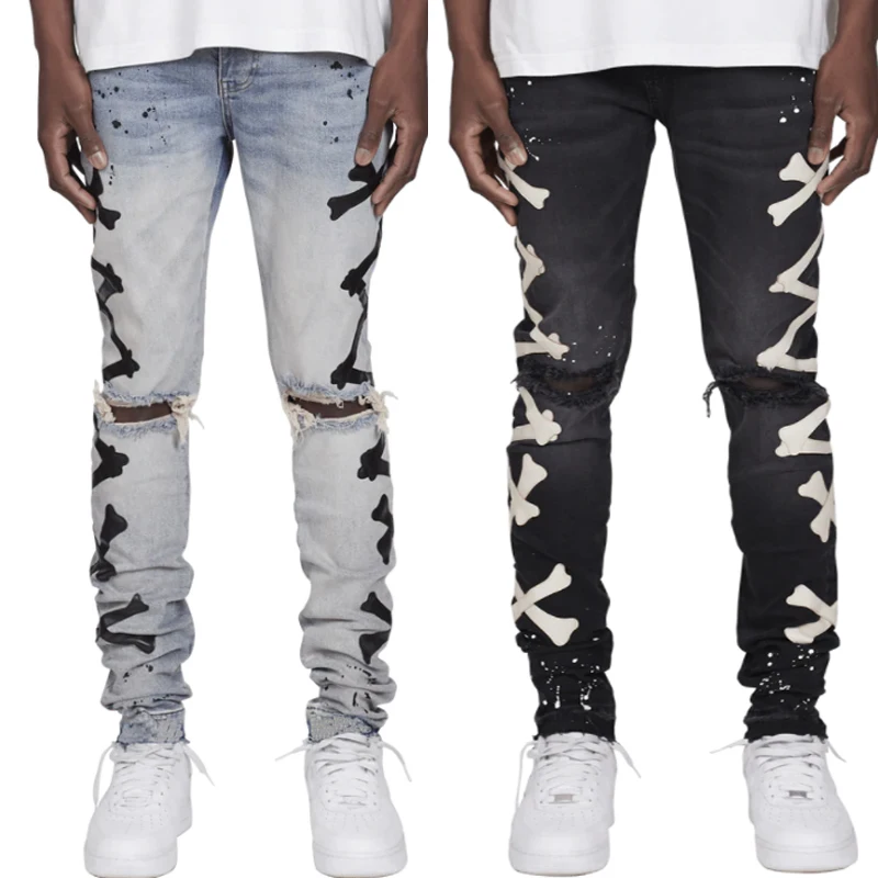 

Trendy Street Men's Pants 2023 Knee Hole Slim Straight Trousers Hip Hop Nightclub Premium Jeans Everyday Casual Spodnie Męskie