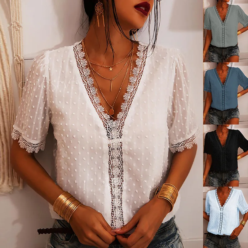 

Женская шифоновая блузка с вышивкой, однотонная блузка с глубоким V-образным вырезом и коротким рукавом, лето 2023