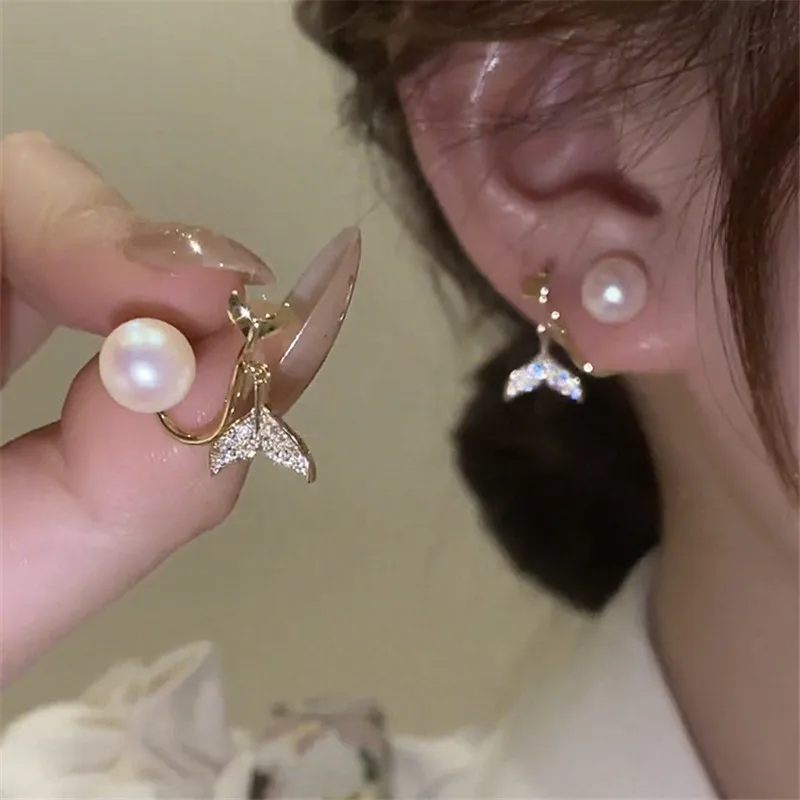 

Imitation Pearl Mermaid Tail Tassel Gold Colour Earrings Women Personality Fashion Fishtail Earrings Wedding Jewelry Gifts