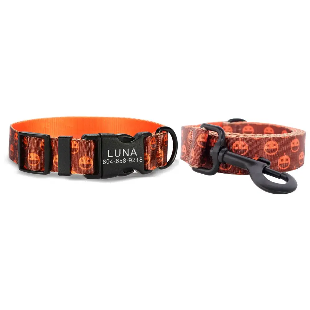 

Personalized Pet Collar Customized Nameplate ID Adjustable Brown Pumpkin Soft Fiber Cat Dog Collars Lead Leash