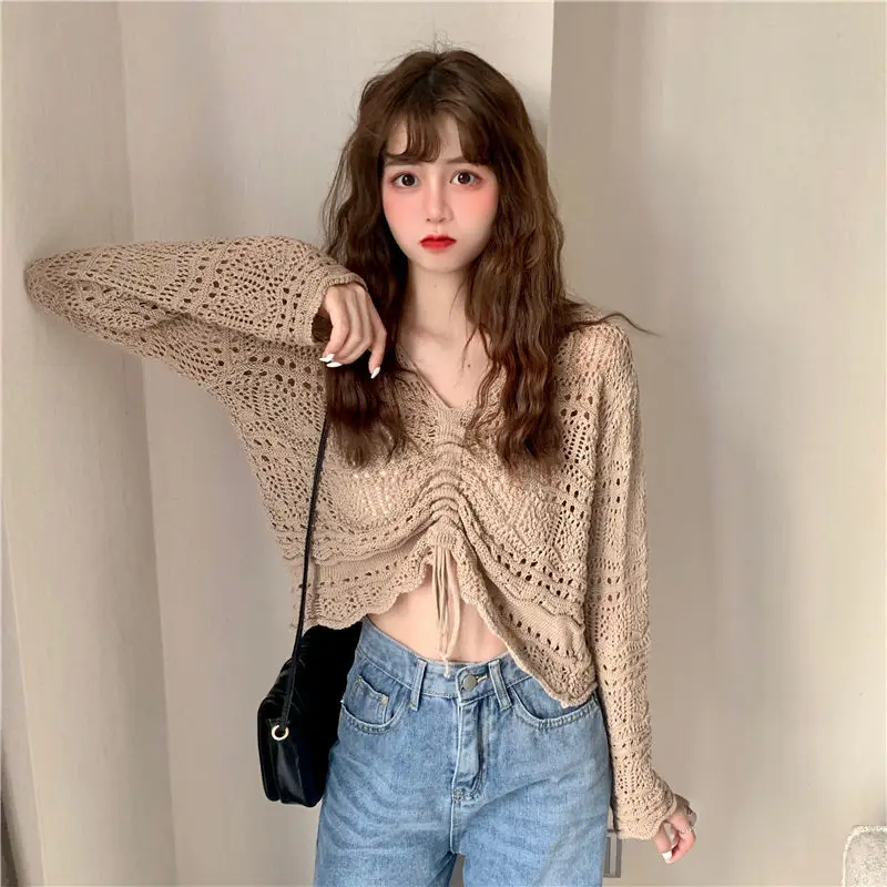 

Пикантный бандажный пуловер цвета хаки, новинка на весну, короткий свитер, Свободное пальто, повседневная тканевая футболка для девочек, топы, женская одежда