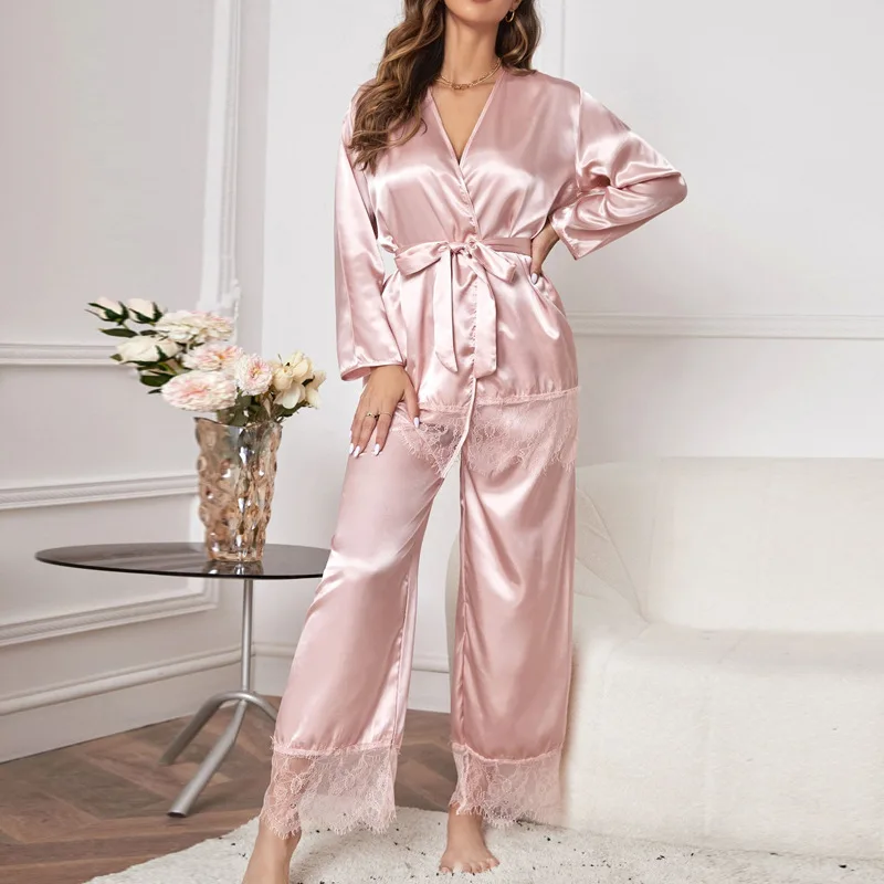 Summer Woman Sleepwear Suit Lace Trim Satin Pajamas Set High Waist Robe Trousers Sexy Silk Pijamas Casual Home Clothes Nightwear