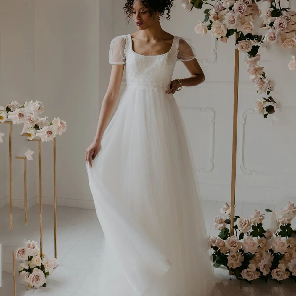 

Simple Bride Gowns Square Collar Zipper Backless Short Sleeves Wedding Dress Lace Applique Floor Length A-Line Vestido De Noiva