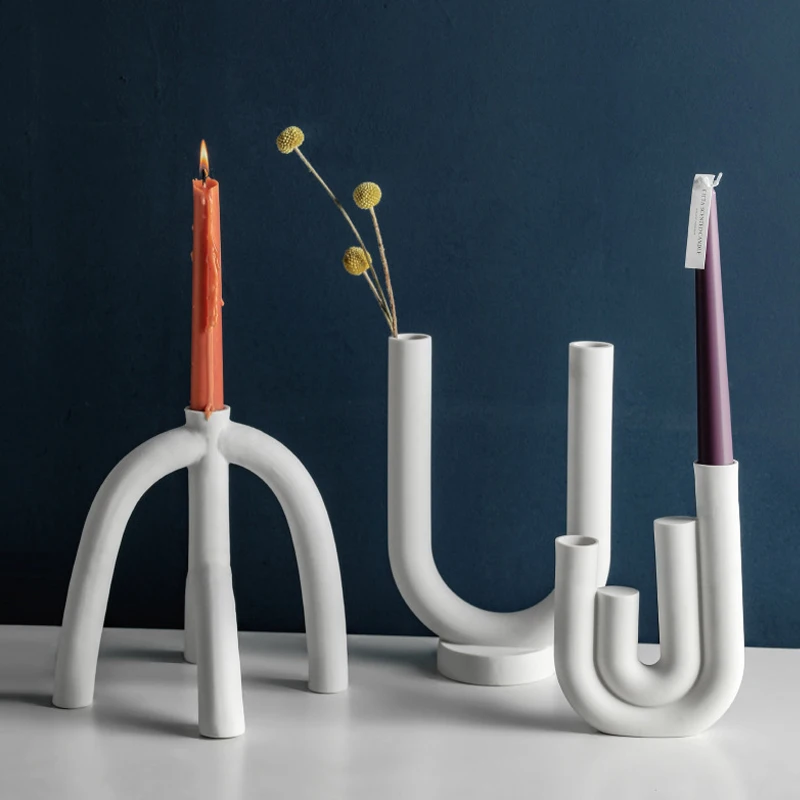 

Nordic Creative Ceramic Candlestick Decoration White Candle Holders Water Pipe Candle Stands For Living Room Home Ornament Gifts