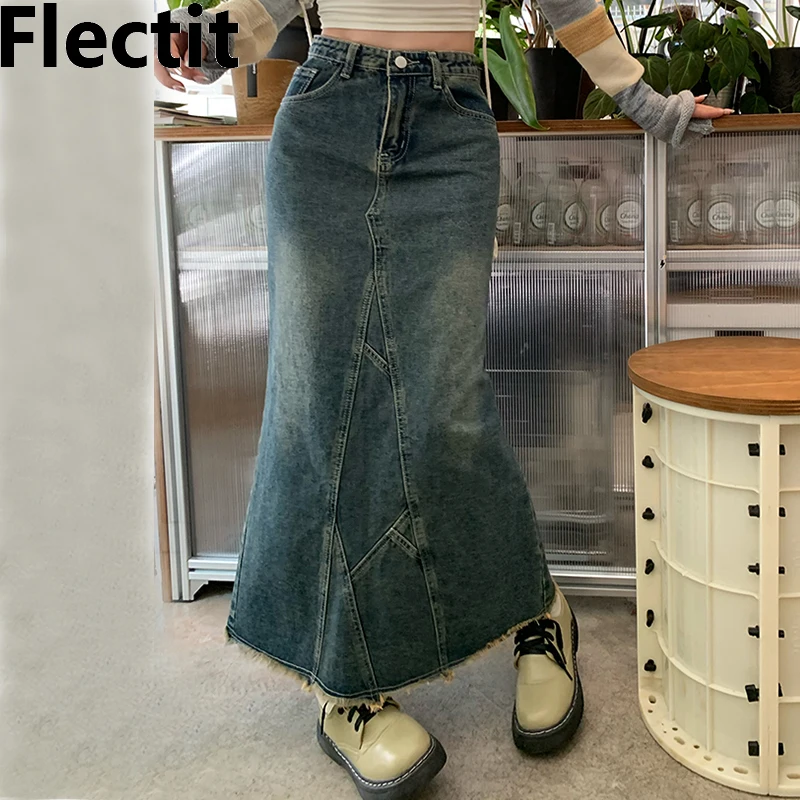 

Flectit Tokyo Tassel Denim Skirt 90's Jeans Maxi Skirts with Back Slit Fray Hem Women's Vintage Y2K Outfit