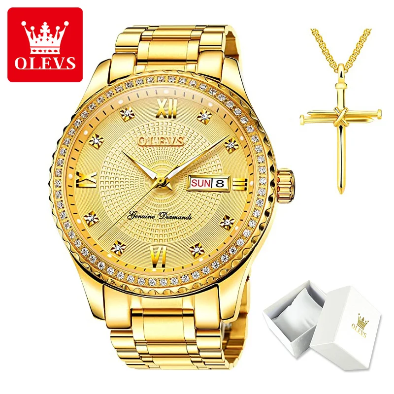 

OLEVS Diamond Watches for Men Male Golden Luxury Casual Quartz Analog Watches Day Date Calendar Business Dress Watch Business