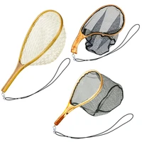 fly fishing landing net wooden handle trout mesh fish catch release scoop fishing tool with anti loss rope dropship