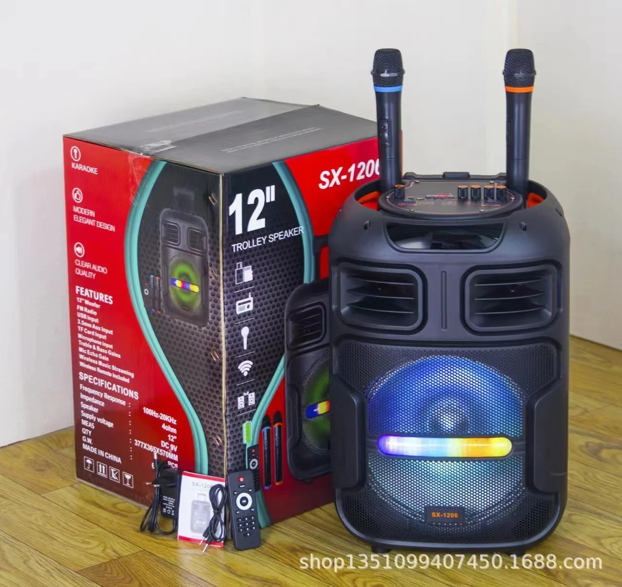 

12 inch 60W Portable Bluetooth Speaker Wireless Microphone Trolley Box RGB Outdoor Subwoofer Home Theater Karaoke System Sound