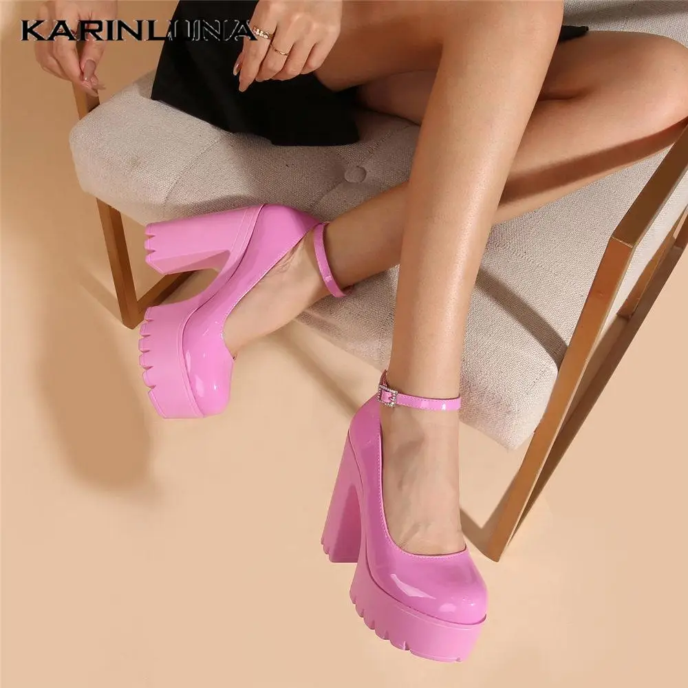 Brand Design 2023 Spring Summer Cute Sweet Pumps For Women Black Pink Ankle Strap Square High Heels Chunky Platform Shoes Comfy