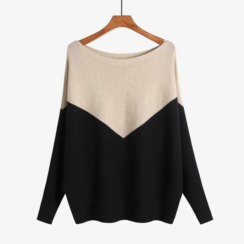 

2023 Foreign Trade Exclusive for Cross-Border Women's Color Matching Sweater off-Neck Thread Loose-Fitting Batwing Sleeve Shirt