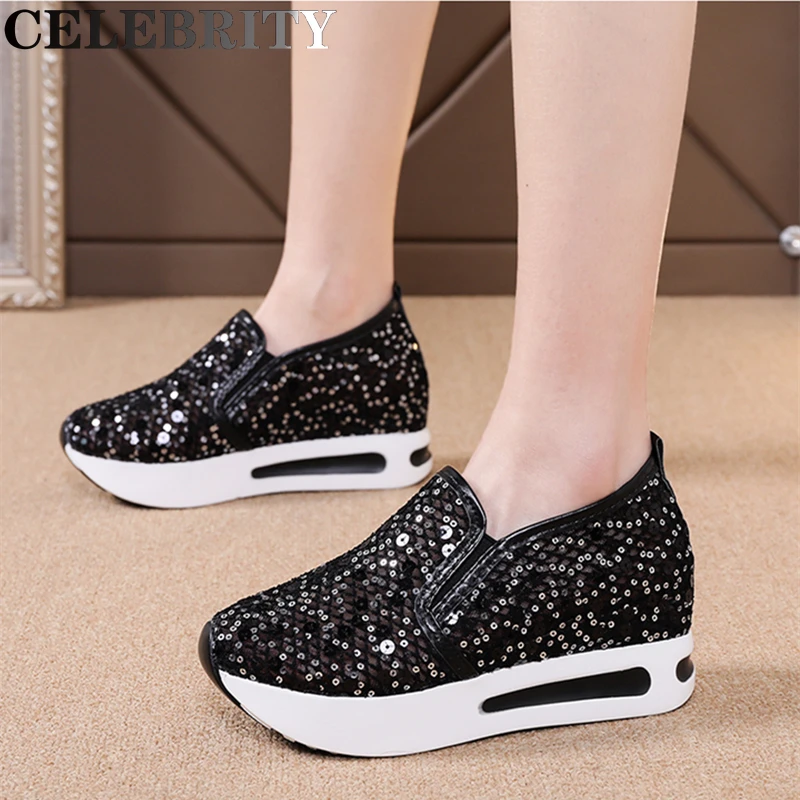 

Wedge Casual Shoes Woman Spring 2022 Black Sequin Cloth Vulcanized Shoes Rubber Sole Slip On Comfortable Female Shallow Sneakers