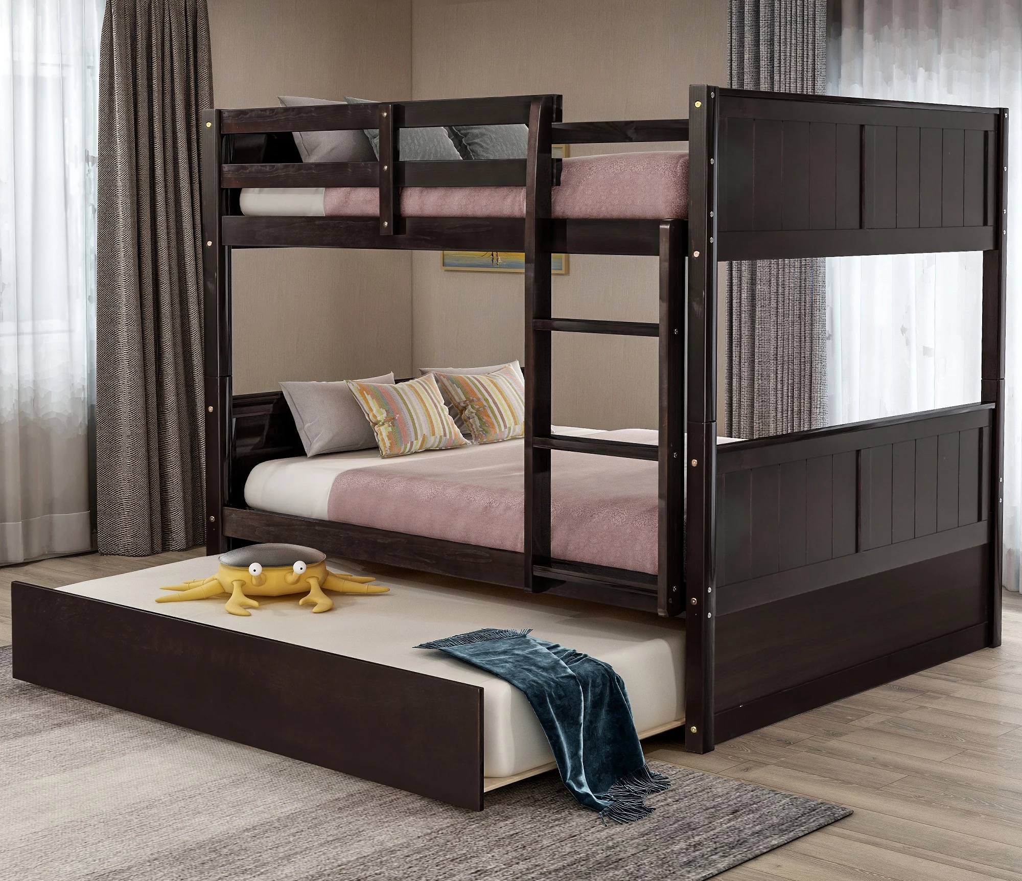 

Home Modern And Minimalist Wooden Bedroom Furniture Beds Frames Bases Full Over Full Bunk Bed With Twin Size Trundle Espresso