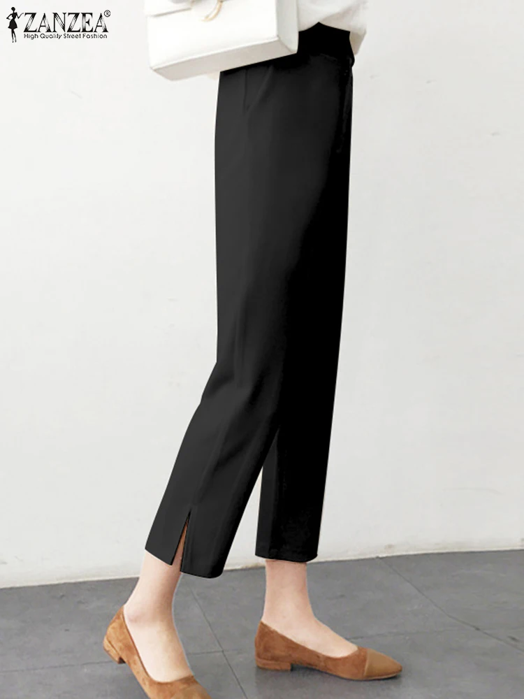 

ZANZEA Office Lady Casual Capris Autumn Women Cropped Pant High Waist Elastic Waist Trousers Side Slit Elegant Work Wear Pants