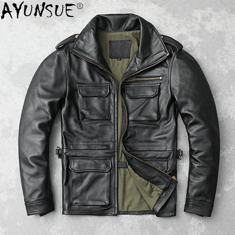 

Men's Genuine Cowhide Leather Jacket Autumn and Winter Short Casual Coats Plus Size Blouson Cuir Homme SQQ768