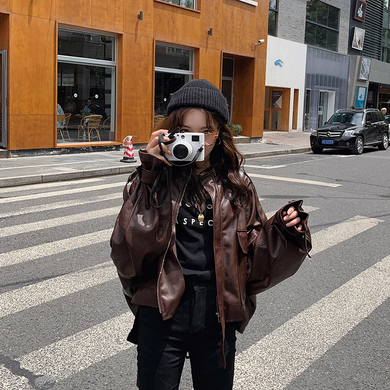 Women 2023 Hip-hop Style Pu Faux Leather Coat Early Autumn New Korean Style Cool Loose Fashion Zipper Short Jacket Basic Jackets