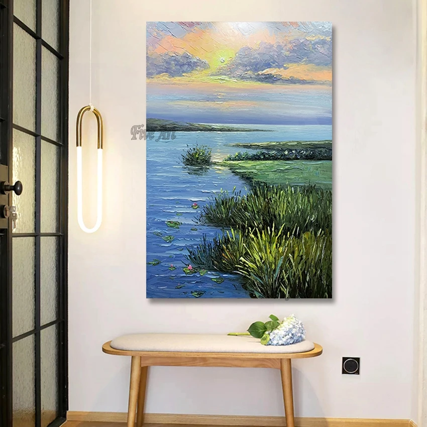 

High Quality Sunset By The River Decorative Scenery Oil Canvas Painting Handmade Artwork Modern Home Interior Decor Unframed