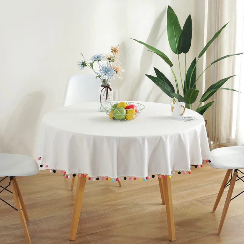 

Solid Cotton Linen with Colorful Hair Balls Tassel Decor Tablecloth Round Tablecloth for Table Tea Round Table Map Table Cover