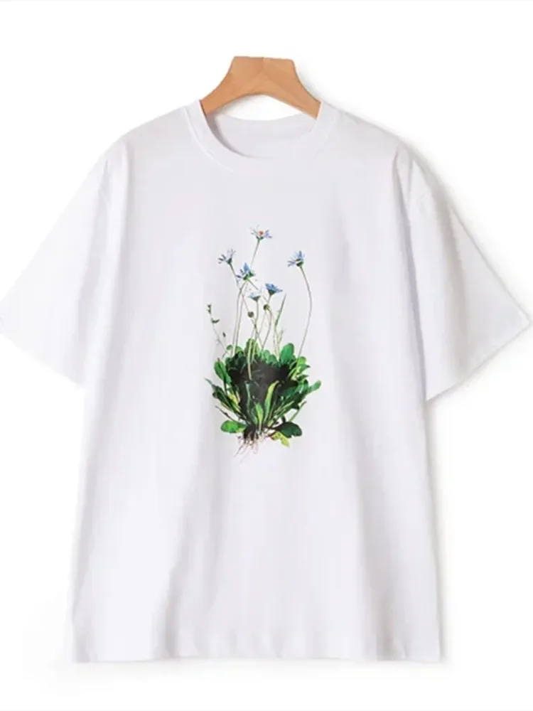 

Floral Plant Print T-Shirt Women's White Loose All-match Cotton Short Sleeve Female O-neck Tees