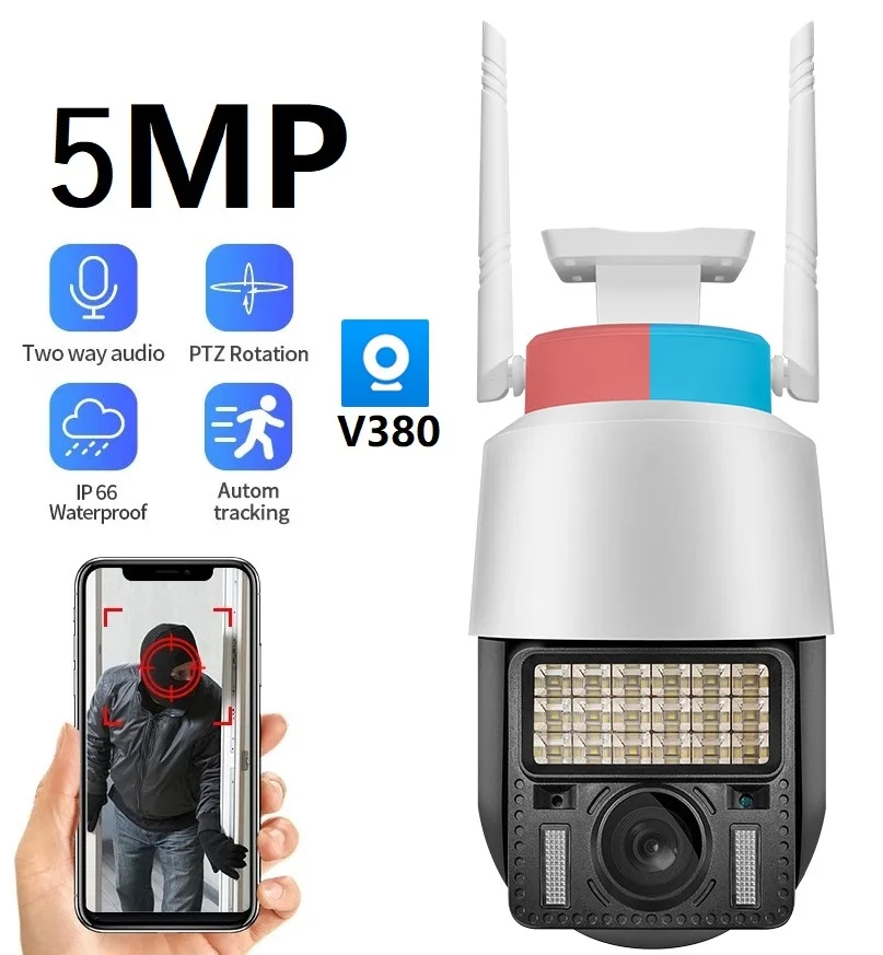 

V380 Внешняя беспроводная PTZ IP-камера 5 Мп Водонепроницаемая наружная охранная 3мп Wi-Fi камера для уличного домашнего наблюдения
