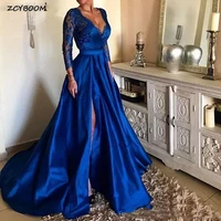 2022 elegant simple evening prom dress deep v neck royal blue long sleeves lace tulle satin high side split evening party gowns
