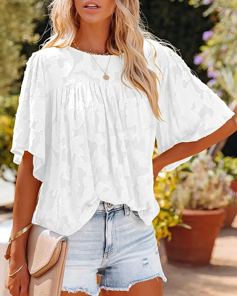 

2022 Summer New Hollow Out Short Sleeve Chiffon Tops Women Fashion Solid Loose Pullover T-shirts