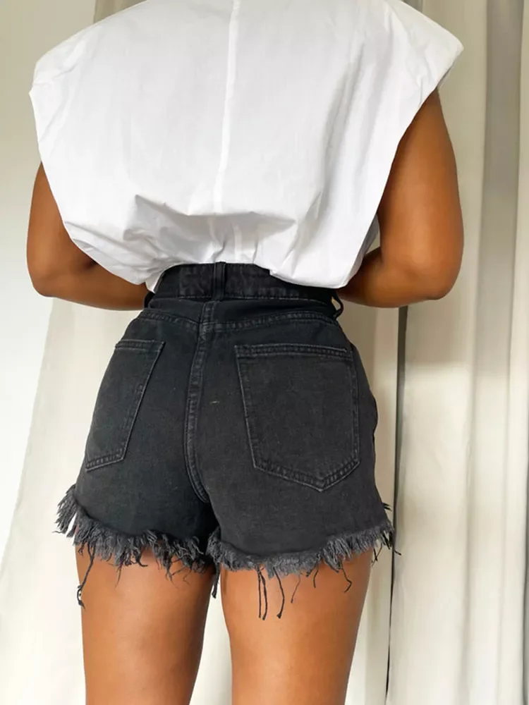 

Рваные джинсы с завышенной талией для женщин с карманами на пуговицах черные джинсовые шорты-бойфренды с вибрацией потертые гранж мини-брю...