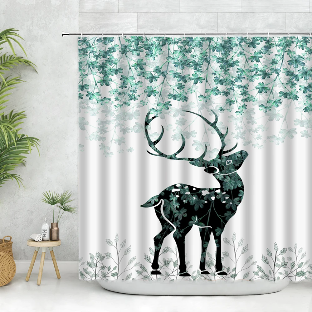 

Занавеска для душа с рисунком бирюзового оленя, зеленые листья, растения, деревья, дикие животные, Мультяшные пейзажи, декоративная ткань дл...