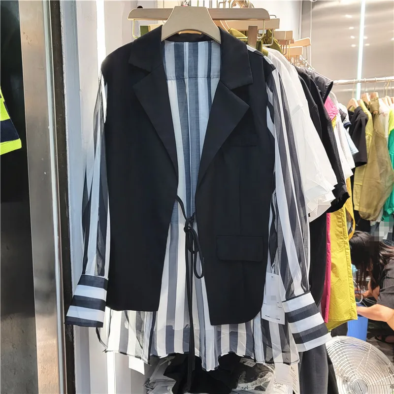 

SuperAen 2022 Thin (Summer) Loose Slim Splicing Turn Down Collar Full Casual Sunscreen Suit Women Shirts