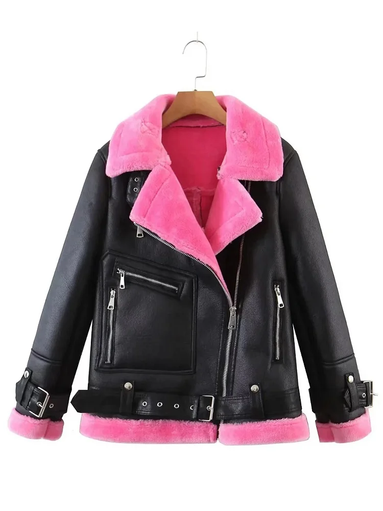 

Winter Fashion Colorful Fur Turn-down Collar Leather Jackets With Belt Pockets Women Thick Warm Fur Coat -20~-10℃