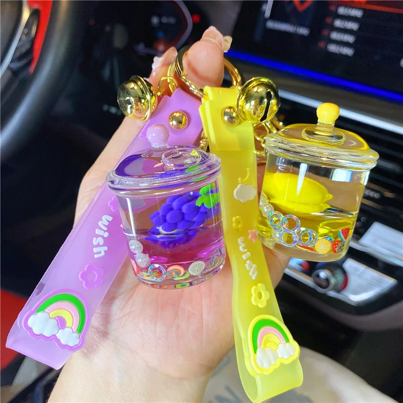 

Creative Fresh into Oil Fruit Tea Tank Drift Bottle Keychain Doll Exquisite Liquid Store Couple Bag Hanging Decoration Wholesale