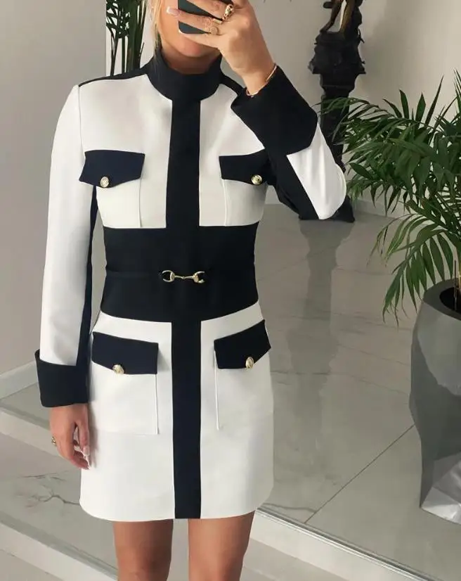 

Colorblock Pocket Design Long Sleeve Work Dress