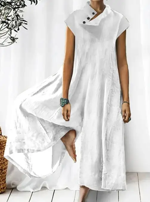 

2023 Summer New Casual Women's Jumpsuit Fashion Solid Cotton Linen Loose Standing Collar Jumpsuit Simple Daily Commuter