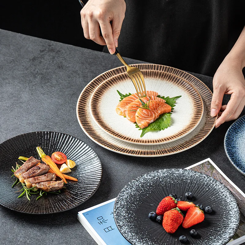 

Japanese plate ceramic plate striped Western food plate steak plate pasta plate household fruit salad plate Japanese tableware