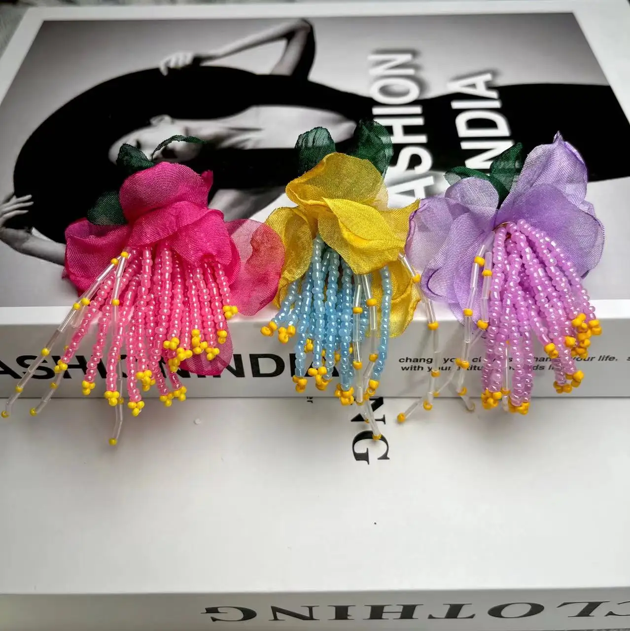 Temperament Chiffon Flower Tassel dangle Earrings Personality Bohemian Handmade Beaded Earrings images - 6