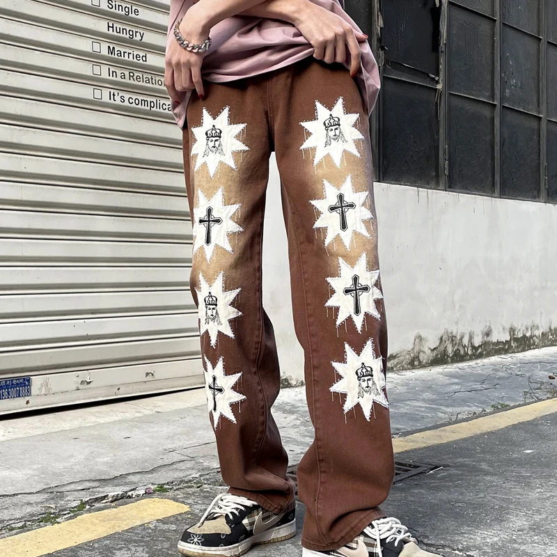 

Hip Hop Jeans Men Retro Embroidery Straight Casual Denim Trousers High Street Washed Loose Pants Punk Streetwear Male Spring