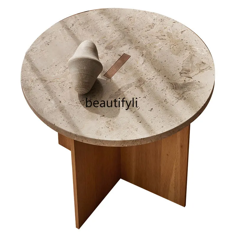 

zqStone Stone Plate Coffee Table Mid-Ancient Living Room Home Light Luxury Small Apartment Oak Solid Wood round Coffee Table