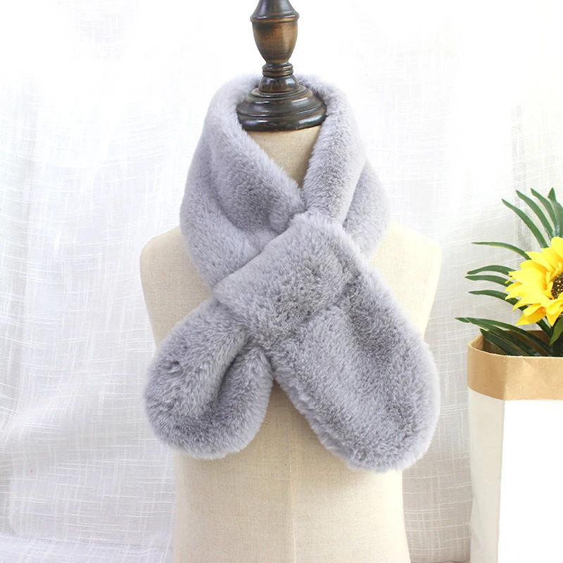 

Winter Warm Cross Collar Scarf for Children Boys Girls Solid Color Faux Rabbit Fur Plush Shawl Scarf Thicken Warm Neck Cover