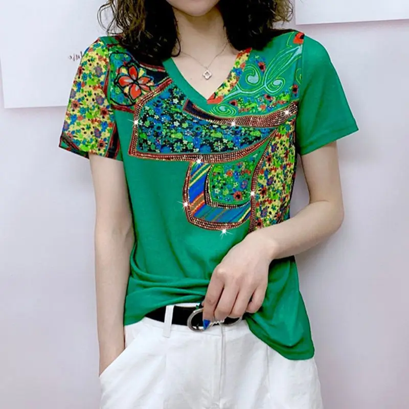 

2022 Summer New European Fashion Print V-neck Short-sleeved T-shirt Shirt Loose and Versatile High Strecth Women Tshirts Tees
