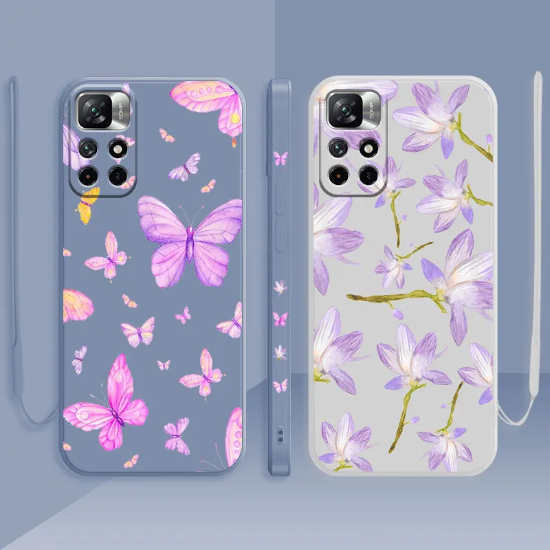 

Silicone Liquid Phone Case For Xiaomi Redmi Note 9s 9 10 9a 9t 11 8 7 11t K40 9C 10C Funda Cover Pink Purple Butterfly Flower