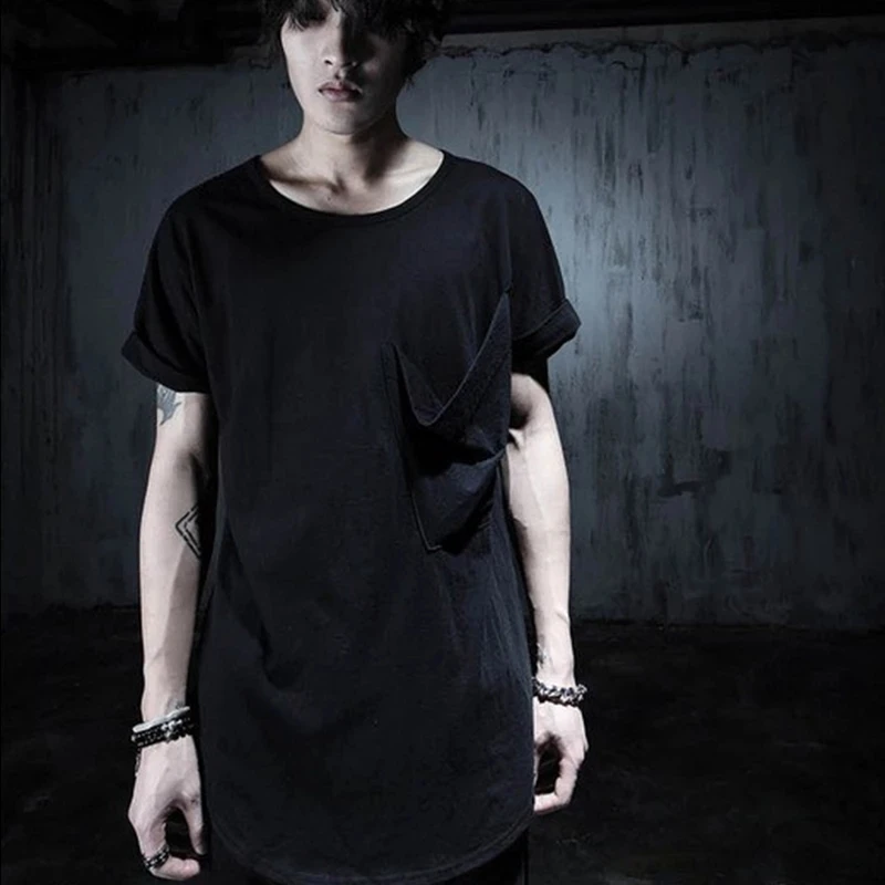 

fashion dark men's t loose style hair style short sleeve T-Shirt Medium Length T-shirt