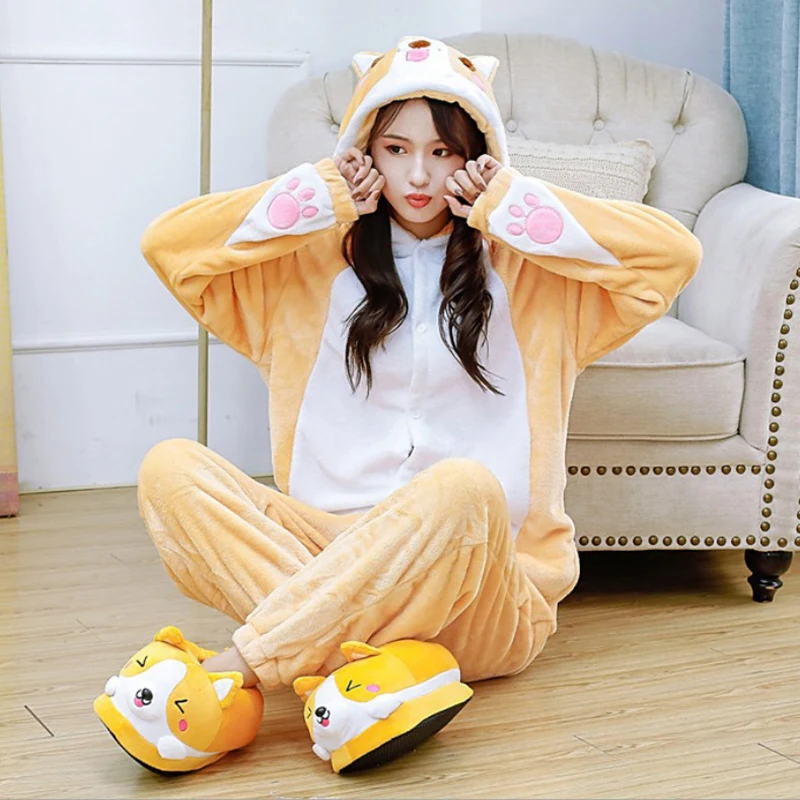 Dog Cosplay Costume Funny Onesies Corgi Kigurumi Adults Husky Women Men Anime Pajama Flannel Cartoon Homewear One-Piece Jumpsuit