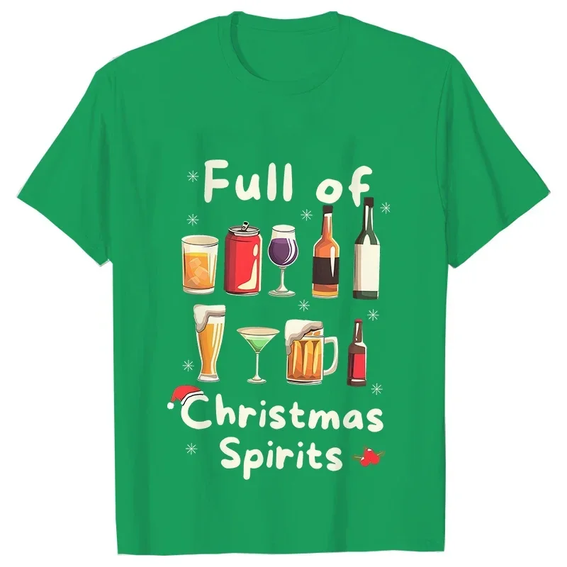 Funny Christmas Party T-Shirt Full of Spirits Tees Merry Xmas Drinking Beer Men Clothing Casual Short Sleeve Y2k Tops