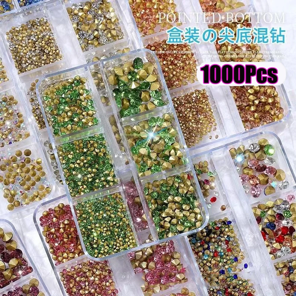 

1050Pcs Boxed Nail Art Rhinestone Point-Bottom AB/Clear Glass Rhinestones Decoration MIxed-Size Round Bead Manicure Crystal &*&