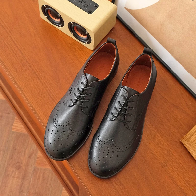 

Donna-in 2022 Black Oxfords For Women Luxury Calf Leather Brogue Carved Low Heel Lace-Up Female Office Shoes British Style