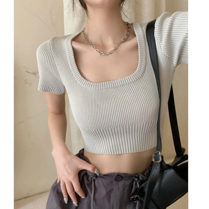 

Square Neck Short Front Shoulder Knitted Short-sleeved T-shirt Women's Summer Korean Style Thin Slim and Beautiful Crop Tops