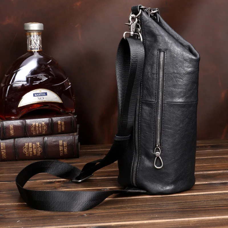 Simple Casual luxury Natural genuine Leather Men Black Bucket Bag Outdoor Daily Teen Work Weekend Party Soft cowhide Chest Bag