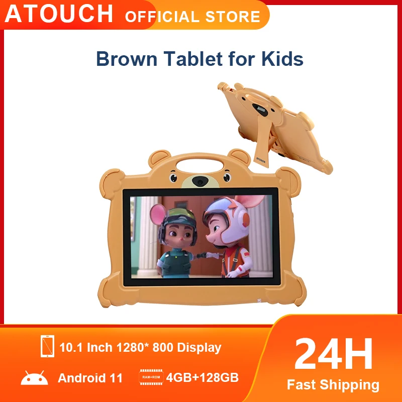 Brown 10 Inch Kids Tablet Android 11 4GB 128GB WIFI 6000mAh HD Screen Children Learning iPad Tablet for Kids Study with Holder