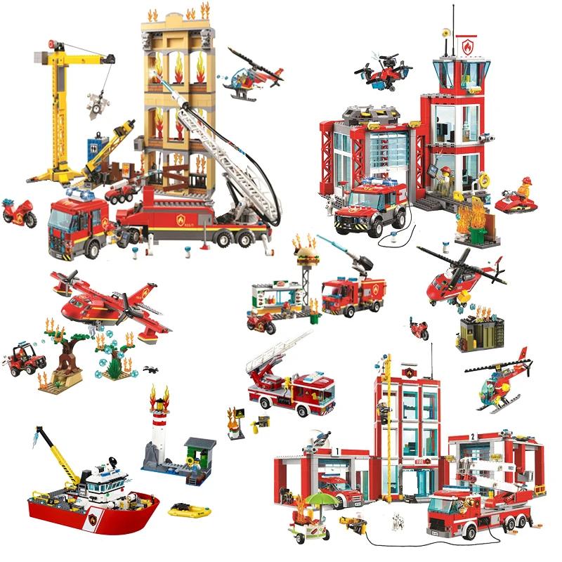 

Cities Fire Station Model Building Blocks Car Helicopter Construction Firefighter Man Truck Bricks Toys for Childen Gift