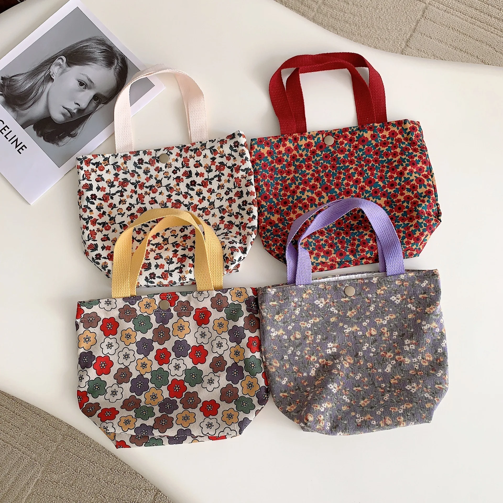 

Cute Floral Corduroy Portable Shopper Storage Tote Bag Women Girls Female Small Handbags Lunch Shopping Cloth Hand Pouch Bags